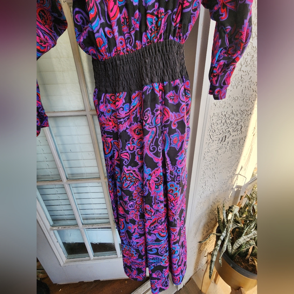 RARE vintage 80s Diane Freis SILK dress in a bold black &  purple paisley L - Picture 7 of 8